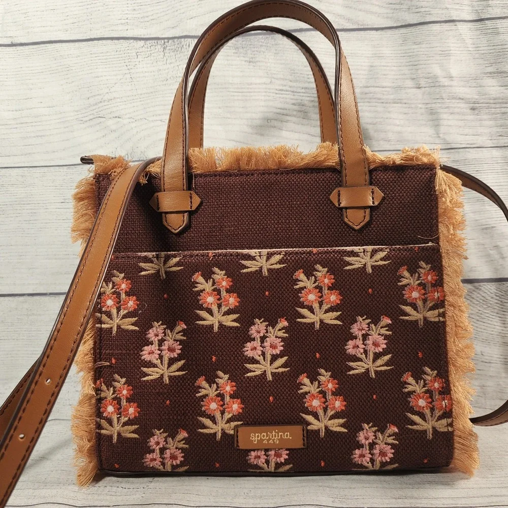 Spartina 449 Brown Canvas Embroidered Floral Fringe Crossbody Satchel Bag